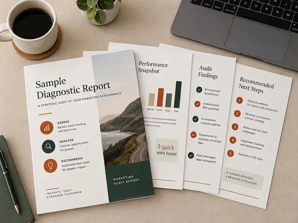 Sample diagnostic report pages spread on a desk: performance snapshot, audit findings and recommended next steps