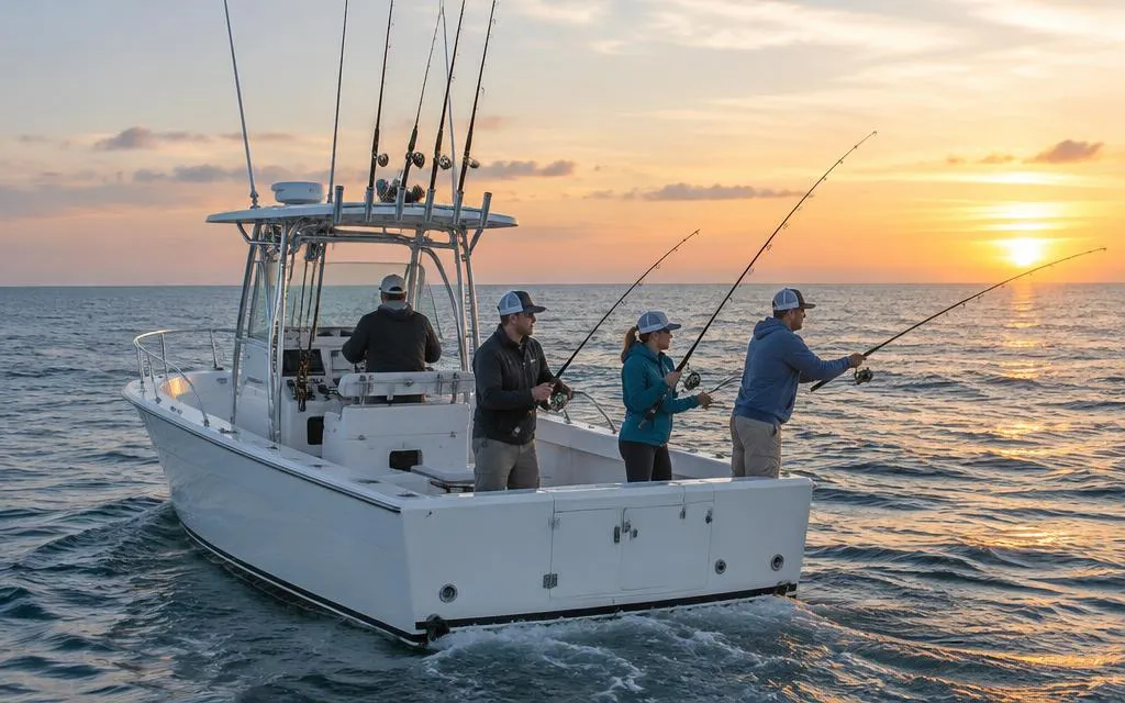 Anglers casting from the stern of a charter boat at sunrise