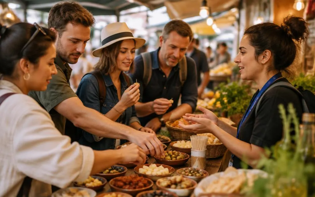 A food tour guide offering small plates to a group at a market stall