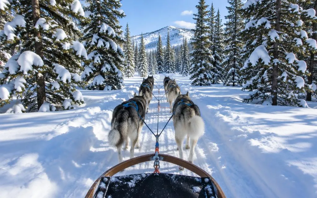 A husky sled team pulling through a snowy pine forest