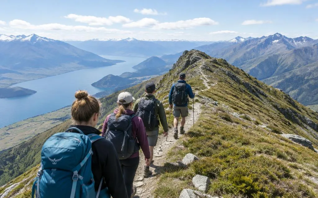 A small group of hikers with backpacks following a ridge trail above a mountain lake