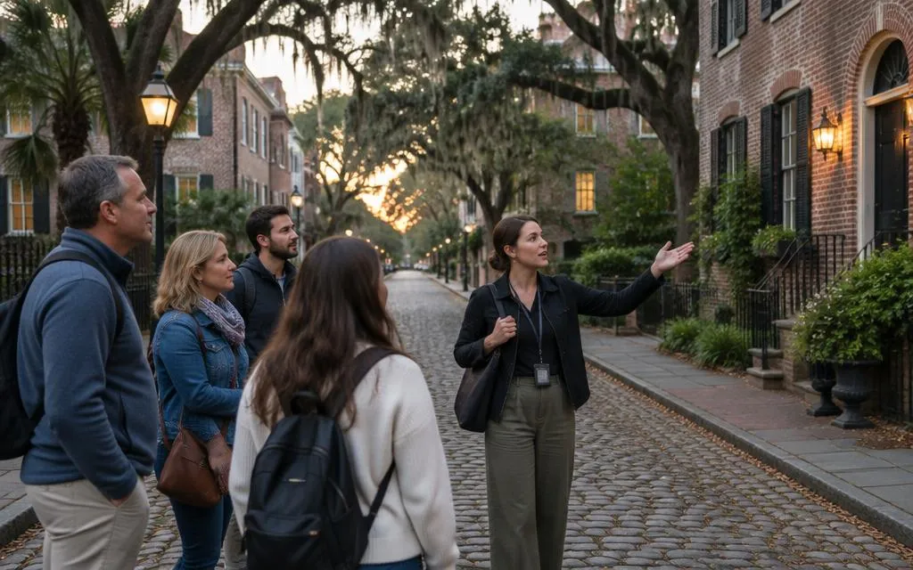 A guide pointing out historic brick homes to a walking tour group on a cobblestone street