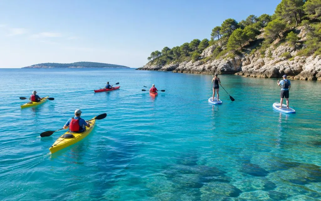 Kayakers and paddleboarders on clear turquoise water along a rocky, pine-covered coast