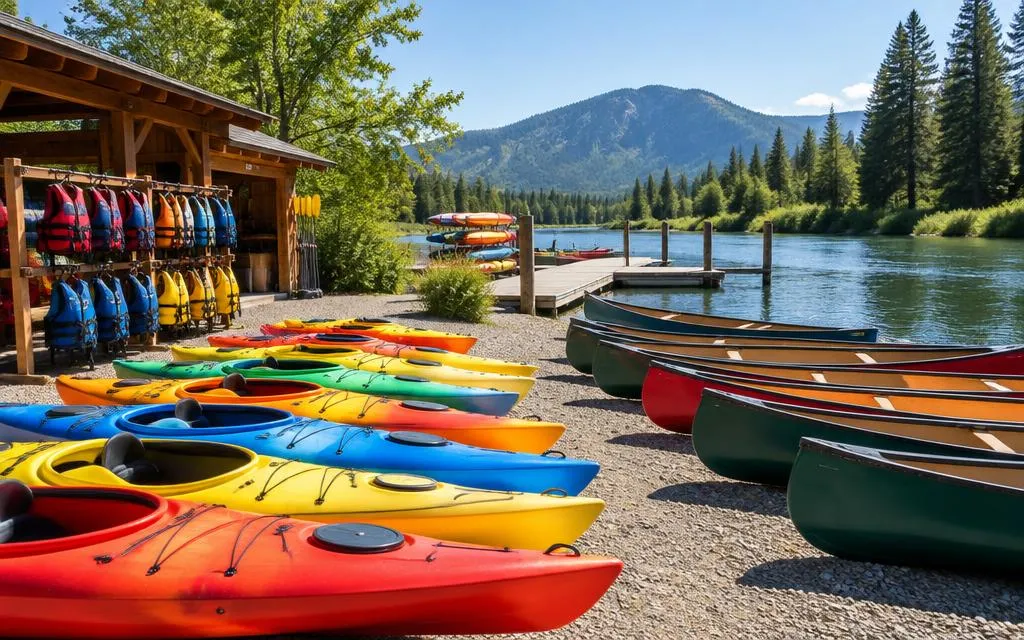 Rows of rental kayaks and canoes beside a riverside dock and life-jacket racks